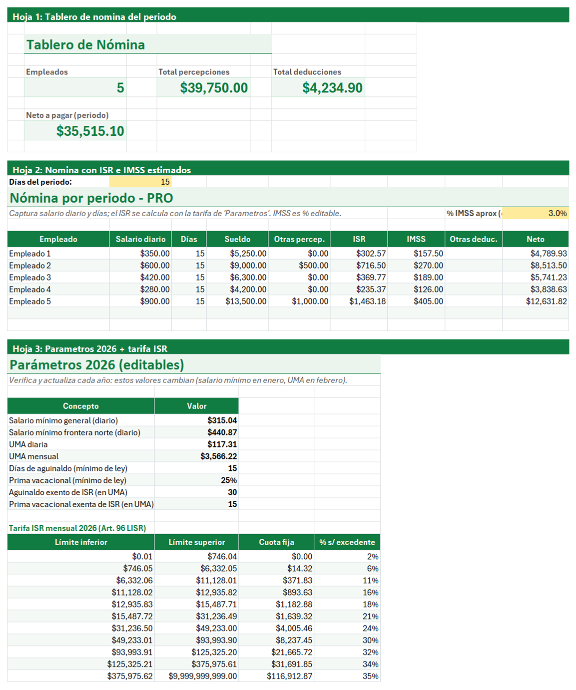 Vista previa de la versión PRO de Formato de Recibo de Nómina en Excel con tablero y automatización