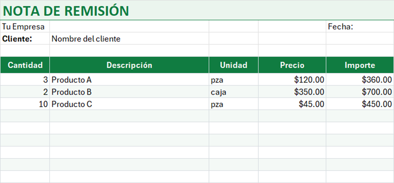 Vista previa de la versión gratis de Formato de Nota de Remisión en Excel