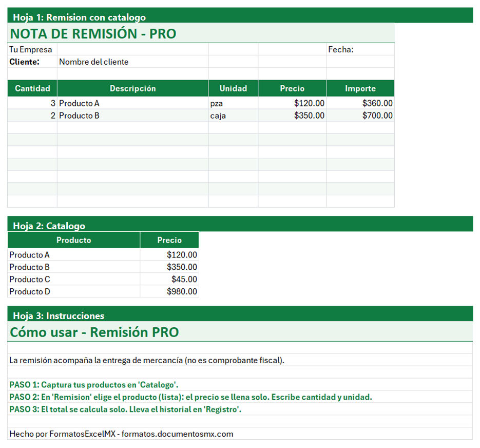 Vista previa de la versión PRO de Formato de Nota de Remisión en Excel con tablero y automatización