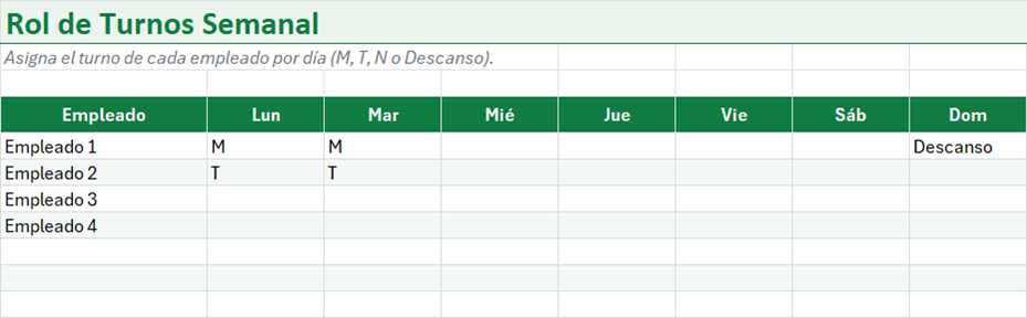 Vista previa de la versión gratis de Plantilla de Rol de Turnos en Excel