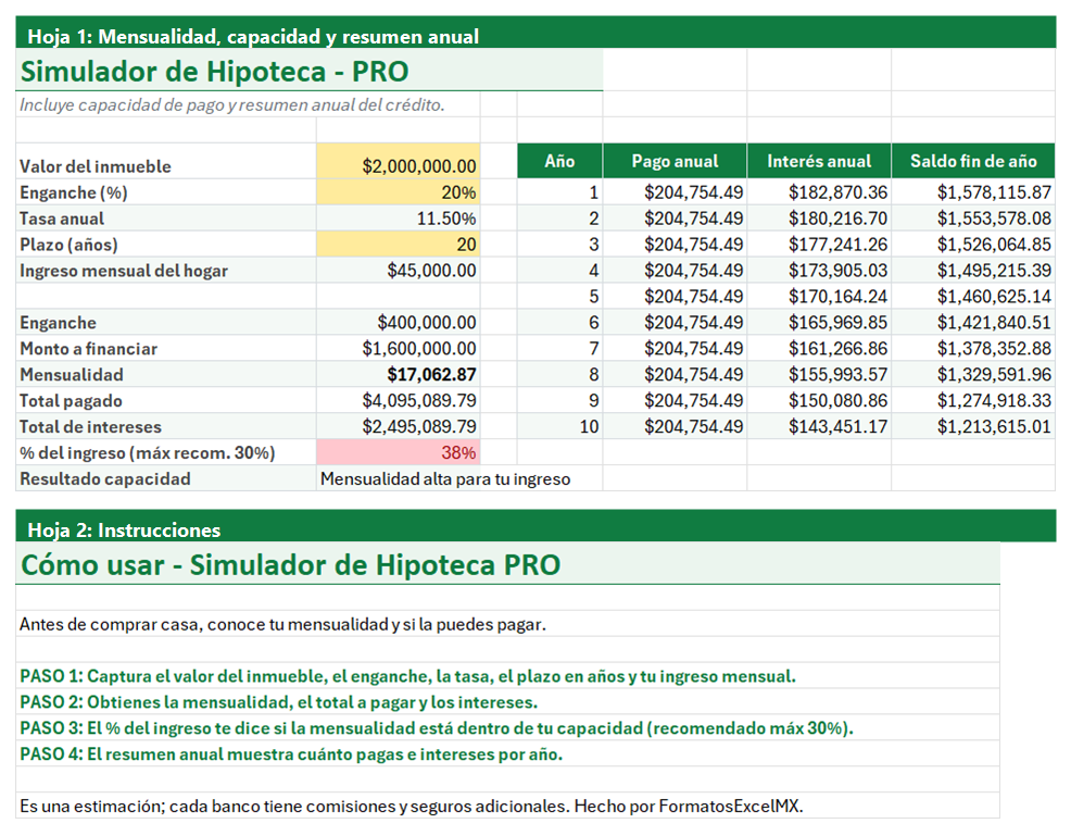 Vista previa de la versión PRO de Simulador de Hipoteca en Excel con tablero y automatización
